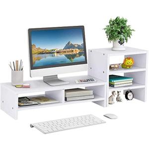 Desk Computer Monitor Stand Riser, Universal Wooden Laptop TV Desktop Monitor Stand with Storage Organizer, 2 Tier Computer Monitor Stands with Three Layer Storage Rack (White)