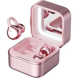 Wireless Earbuds with LED Makeup Mirror Case, Bluetooth 6.0 Open Ear Clip-On Headphones, Cute Pink Air Conduction Earphones for Women, Low Latency, Secure Fit for Running & Travel