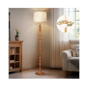 65.5" Natural Real Wood Floor Lamp with S Cluster Pull Chains Dual Switch,Wood Base Tall Lamp,Farmhouse Standing Lamp for Living Room,with Linen Shade,Floor Lamp for Living Room,Bedroom(Bulb Included)