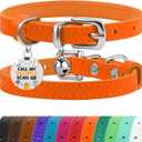 BRONZEDOG Leather Cat Collar with Removable Bells Non Breakaway Kitten QR Tag for Girl Boy (9" - 12" Cats/Mini Dogs, Orange & Silver)