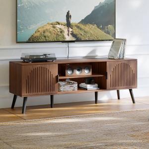 ChooChoo TV Stand for 55/60 Inch TV, Mid Century Modern TV Stand, Entertainment Center with Storage Cabinet and Open Shelves, TV Console Table Media Cabinet for Living Room, and Bedroom, Walnut, 15.7"d X 53.9"w X 19.4"h