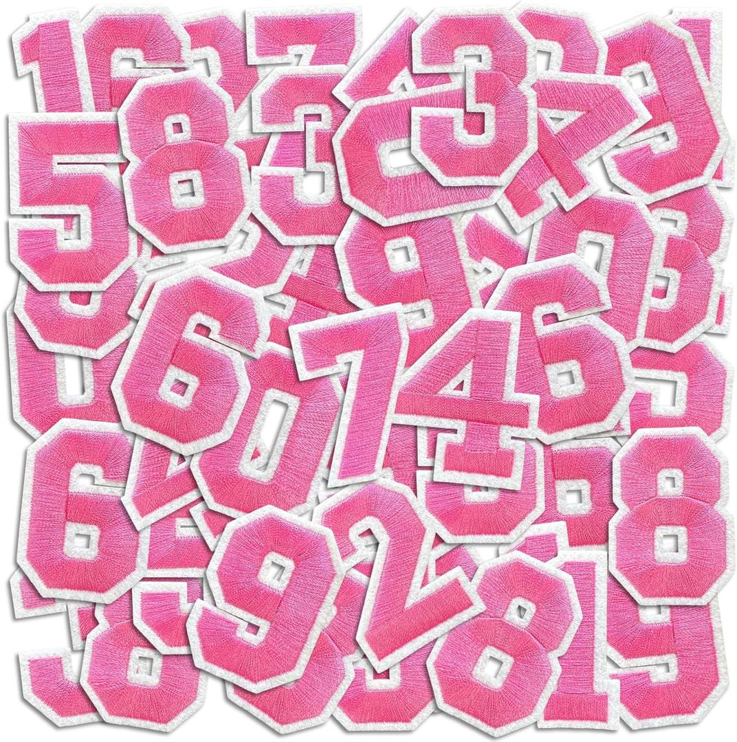 Number Iron On Patches, Numbers 0-9 Embroidery Applique Patch, DIY Decorative Heat Press Patches for Clothing Jeans Jackets Backpacks Hats (Pink)