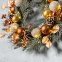 YULETIME 20-inch Christmas Wreath, Battery Operated Holiday Wreath with 20 Fairy Lights, Golden Baubles & Berries, Pine Cones, Golden Leaves, Frosted Spruce Branches and Pine Needles (Gold)