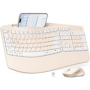 Wireless Keyboard and Mouse Combo, 2.4G Full Size Wave Keys Ergonomic Keyboard with Wrist Rest, Phone Holder, 3-Level DPI Wireless Silent Mouse with 6-Buttons, for Windows (Milk Tea-A)
