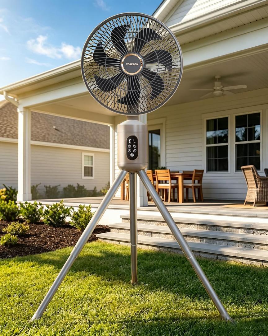 Outdoor Fans for Patios,Cordless Outdoor Fan with Light and Remote,Pedestal to Tabletop & Hanging,Battery Operated Rechargeable Fan,12" Oscillating Fan For Quiet,8 Speeds,Timer,Gazebo,Deck,Porch,Brown