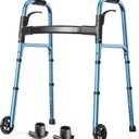 Walkers for Seniors, Folding Walker with Wheels and 2 Skis, Lightweight Rolling Walker Supports Up to 350 Pounds, Adjustable Height, Adult Compact Standard Walkers with Aluminum Frame, Blue