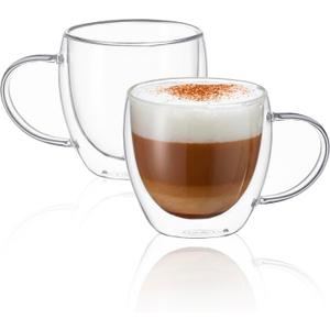 CNGLASS Double Wall Glass Coffee Mugs with Handle,8.5oz Clear Insulated Glass Espresso Cups for Hot and Cold Beverages,Latte,Cappuccino,Set of 2