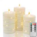 Flameless Flickering Candles, Built-in String Lights, Battery Powered, 2/4/6/8 Hour Remote Control Timer Function, 3-piece Set (Width 3 inches x Height 4 inches/5 inches/6 inches) (Ivory)