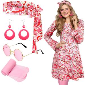 Janmercy 5 Pcs 70s Disco Outfit for Women Hippie Costumes Accessories 70s 80s Halloween Decades Party Cosplay (XXX-Large,Classic)