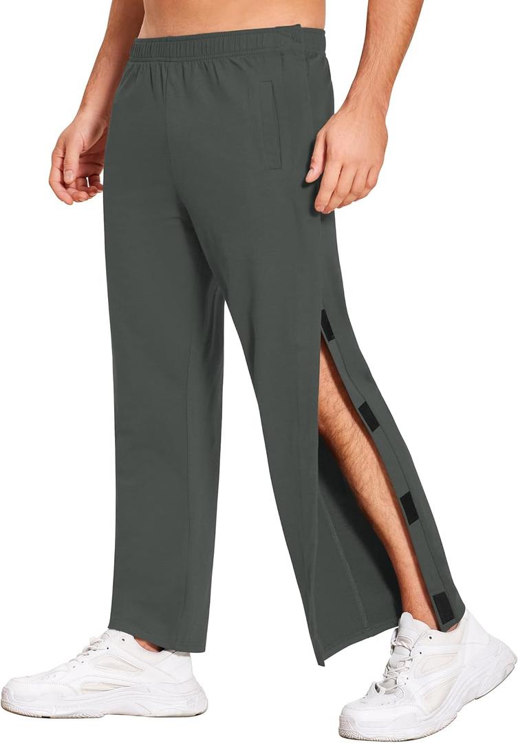 Deyeek Men's Tear Away Pants 2 Side Snap Open Bottom Sweatpants Loose Fit Casual Post Surgery Pants with Pockets (Large, Dark Grey)