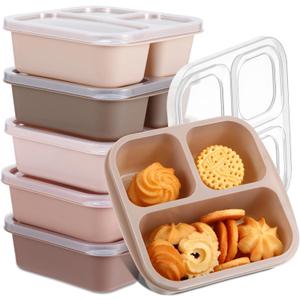 Honeydak 5 Pack Snack Containers 3 Compartment Bento Snack Boxes Divided Meal Prep Containers with Lids Reusable Adults Lunch Food Storage Box for School Work Travel(Cream Brown)