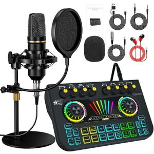 Podcast equipment bundle, with live sound card audio mixer, equipped with 3.5mm microphone, podcast microphone bundle for streaming content creation, recording, singing, and live broadcasting