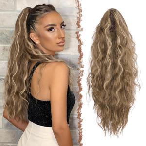FESHFEN Claw Clip Ponytail Extensions - Long Pony Tail Hair Piece Wavy Curly Synthetic Hairpieces for Women, Light Brown & Blonde 30 inch