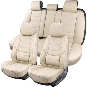 Leather Car Seat Covers Full Set Breathable Automotive Seat Covers Waterproof Seat Protectors Universal Fit for Most Automotive Cars SUV Trucks(Beige, Full Set)