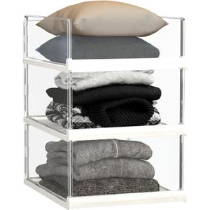 3 Pack Stackable Closet Organizers and Storage Shelves - Transparent Sweater Organizer for Closet, Bathroom, Kitchen, Cupboard, Laundry Room, and Office, Transparent