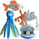 Nocciola 4 Packs Crinkle Squeaky Dog Toys for Aggressive Chewers, Durable Stuffed Plush Rope Tug Puppy Toy for Small, Medium Large Dogs, Octopus Fish Ocean Beach Summer, Dog Birthday Gifts (4 PCS Ocean Series)