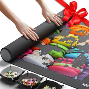 Newverest Jigsaw Puzzle Mat Roll Up, Saver Pad 39.4 x 23.6 Portable Keeper Up to 1000 Pieces with Non-Slip Rubber Bottom and Polyester Top + 3 Puzzle Sorting Trays, Travel-Friendly Storage Bag
