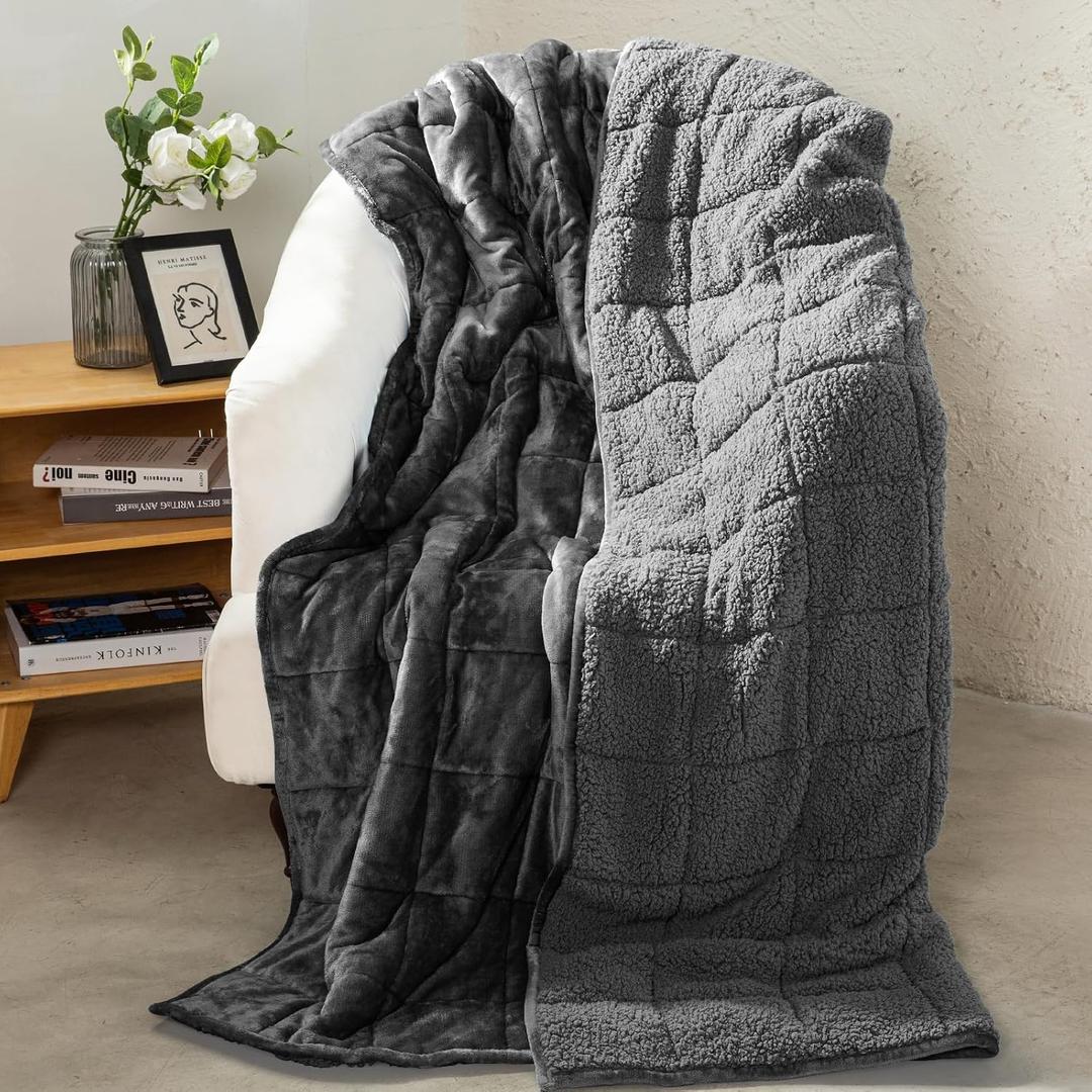 Aemicion Weighted Blankets Queen Size 20lbs for Adults, Soft Sherpa Fleece Heavy Weighted Blanket with Cozy Plush Flannel, Fluffy Warm Weighted Throw Blanket, 60x80 inches, Dark Grey on Both Sides