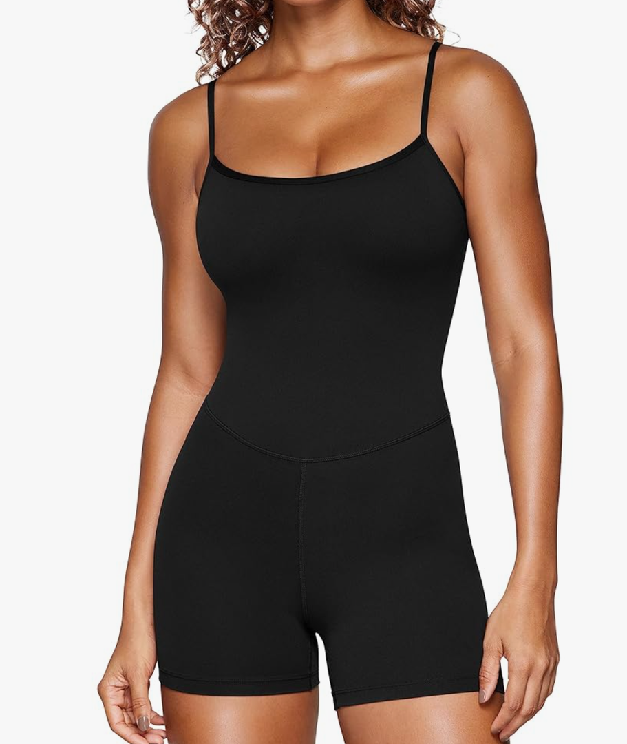 CRZ YOGA Womens Butterluxe Athletic Adjustable Strap Rompers Workout One Piece Sleeveless Jumpsuits Padded Bodysuit Shorts, M, Black