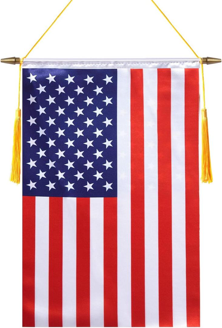 18x12 Inch USA Wall Banner Flag,Wooden Hanging Pole and Double Satin Finish,American Hanging Flag,for House Room,School Classroom, Club and Door