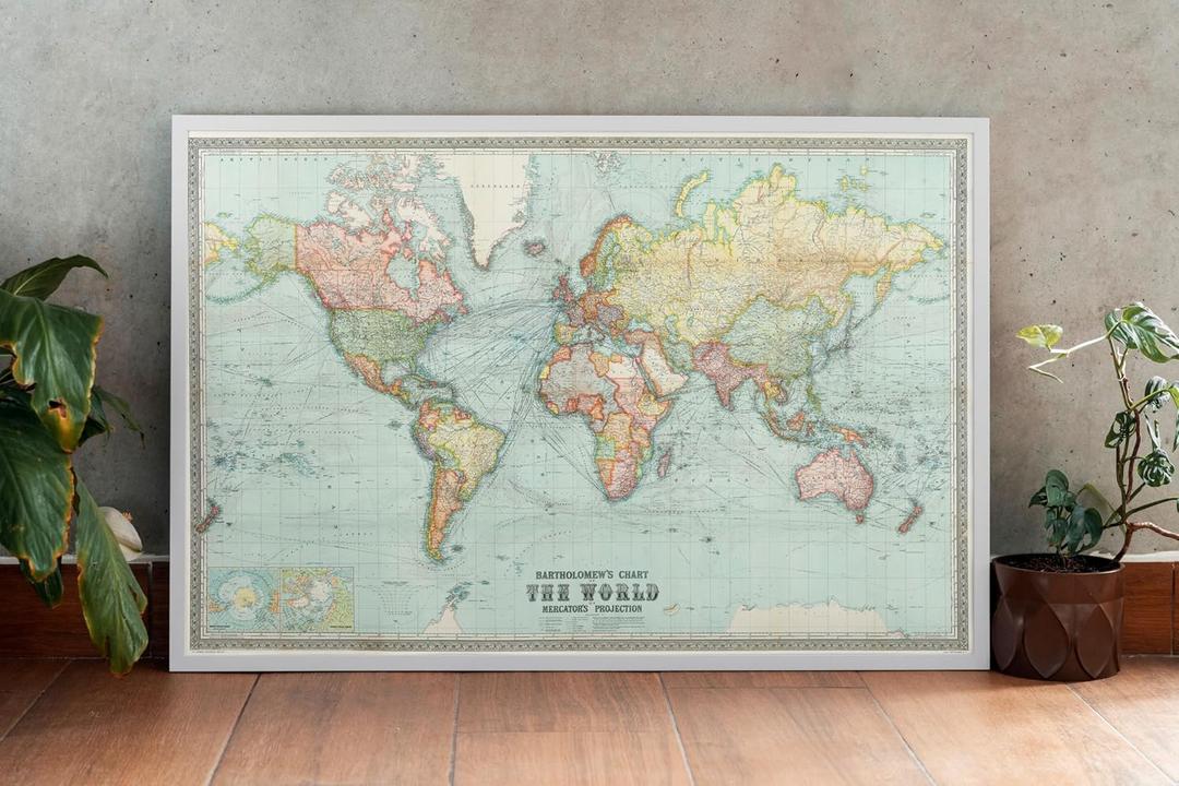 Historic Pictoric Map, 1914 Bartholomew's chart of the world on Mercator's projection, Vintage Wall Art : 36in x 24in