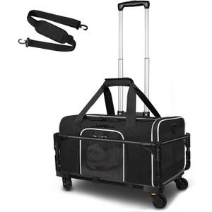 Small Pet Carrier 17"x12"x8.5" with Wheels Airline Approved, Black