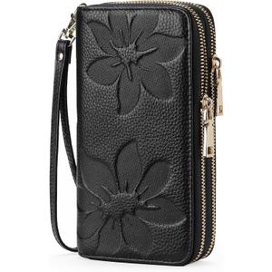 GOIACII Women's Wallet Large Capacity Double Zip Ladies Card Phone Holder RFID Blocking Wristlet Leather (A01 Black)