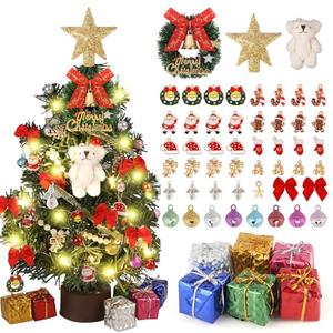 Celltestria Mini Christmas Tree with Light 12 Inch Table Top Xmas Tree with Hanging Ornaments Gift Boxes Star Treetop Xmas Wreath Small Artificial Winter Tree for DIY Christmas Decorations