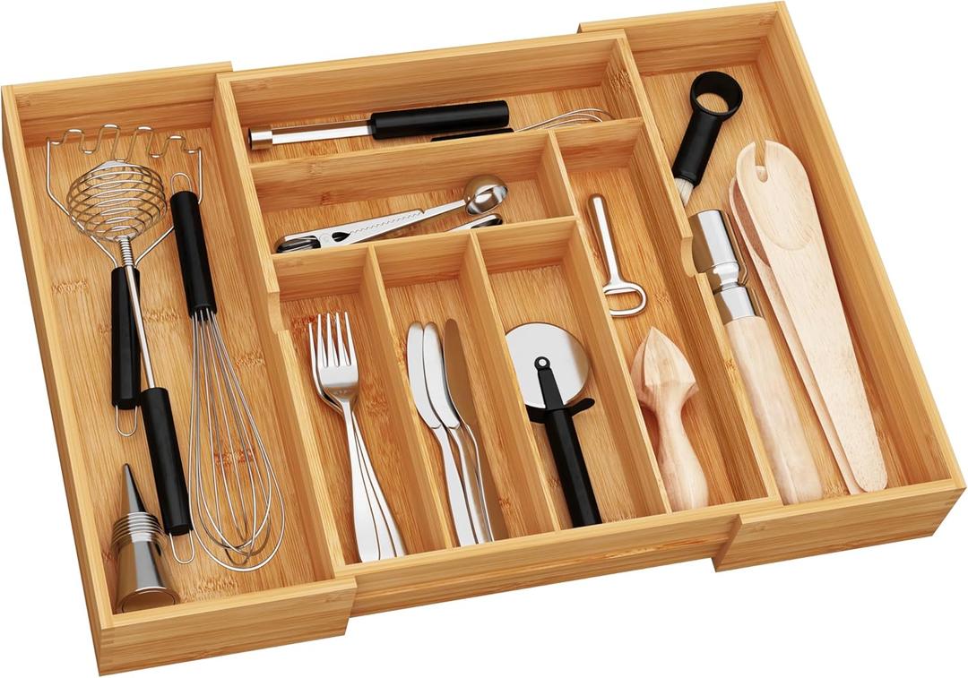 BAMEOS 3" Deepth Expandable Drawer Organizer, Deep Flatware Organizer, Adjustable Silverware Organizer, Bamboo Drawer Organizer for Kitchen, Bathroom (Natural)