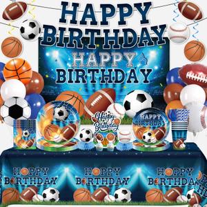 222Pcs Sports Birthday Party Decorations- Amp Up Your Sports Themed Party for 25 Guests. Includes Banner, Plates, Tablecloth, Cupcake Toppers and Aluminum Balloons for Boy Birthday Party Decorations