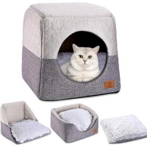 Ownpets Cat Bed for Indoor Cats, 3-in-1 Foldable Cat Cave Bed Cat Houses with Removable Washable Cushion Soft and Self Warming Cat Tent for Kittens and Small Pets
