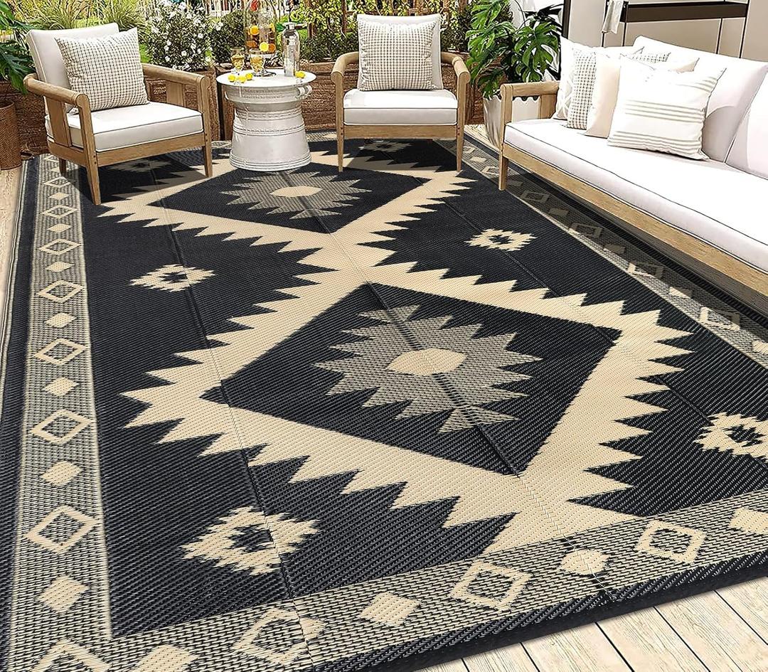HEBE Outdoor Rug 8'x10' Waterproof for Patios Clearance, Reversible Plastic Straw Rug Camping Carpet, Indoor Outdoor Area Rugs Patio Mats for RV,Picnic,Backyard,Deck,Balcony,Porch (Diamond/Black)