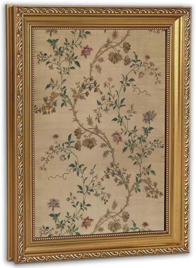 Vintage Gold Framed Vintage Floral Wall Art, Chinoiserie Botanical Framed Canvas Print, French Country Farmhouse Decor for Living Room Bedroom 16×24inch