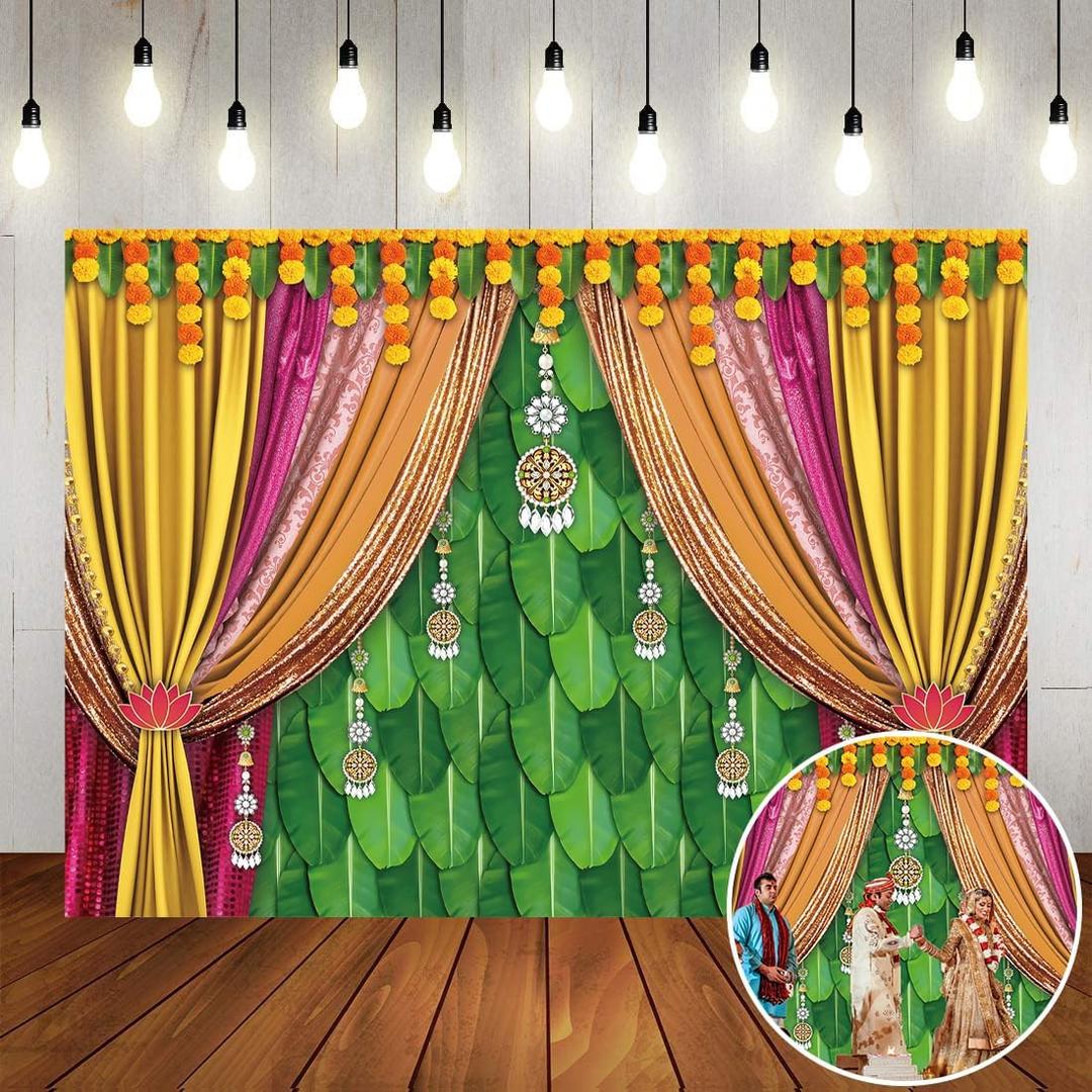 Indian Pooja Backdrop Banana Leaf Green India Traditional Religious Festival Photography Background Diwali Puja Ganpati Pooja Mehndi Wedding Party Baby Shower Decorations (7x5FT)