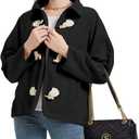 Womens Soft Polar Fleece Jacket Lightweight Long Sleeve Horn Button Warm Shacket Coat Comfortable Outerwear (Small, Black)