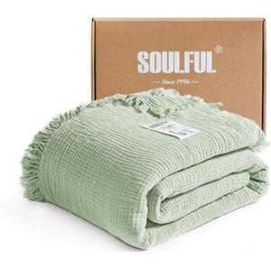 SOULFUL Muslin Throw Blanket with Tassels - Soft Twin Cotton Throw Blanket for Couch or Bed, Lightweight and Breathable Gauze for All Seasons, Grassgreen, 60" x 80"