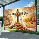 Fall Thanksgiving Backdrop Banner Fall for Jesus Theme Outdoor Decorations 71x43 Inchs Sunflower Pumpkins Backdrop Cross He Never Leaves Banner Party Supplies Yard Decor