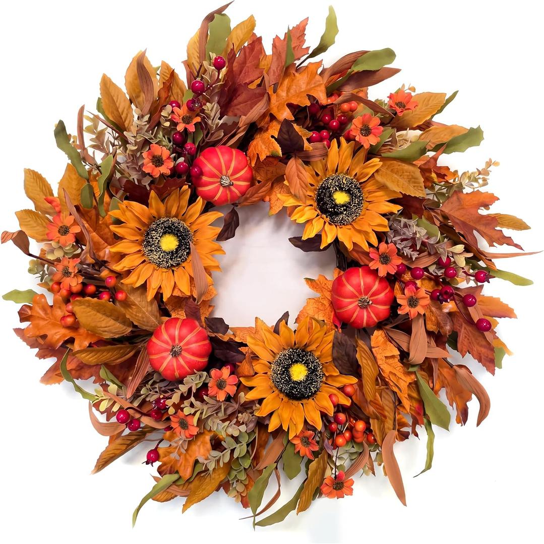 Large 24” Fall Harvest Wreaths for Front Door & Thanksgiving Wreath Decor
