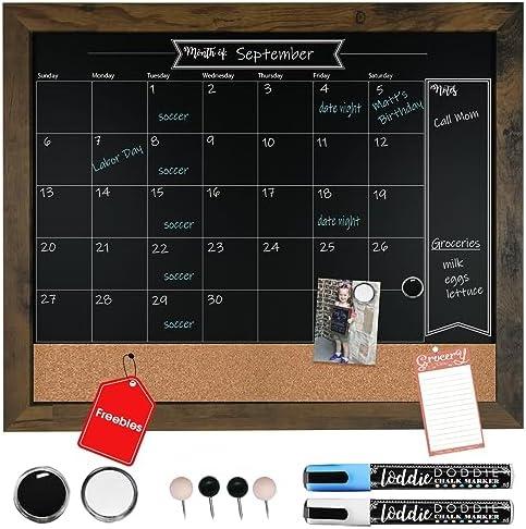 Loddie Doddie Chalkboard Calendar & Bulletin Combo - 18" x 24" Rustic Frame, with Chalk Markers, Push-Pins, Magnets, Blackboard - Kitchen Wall Calendar Organizer