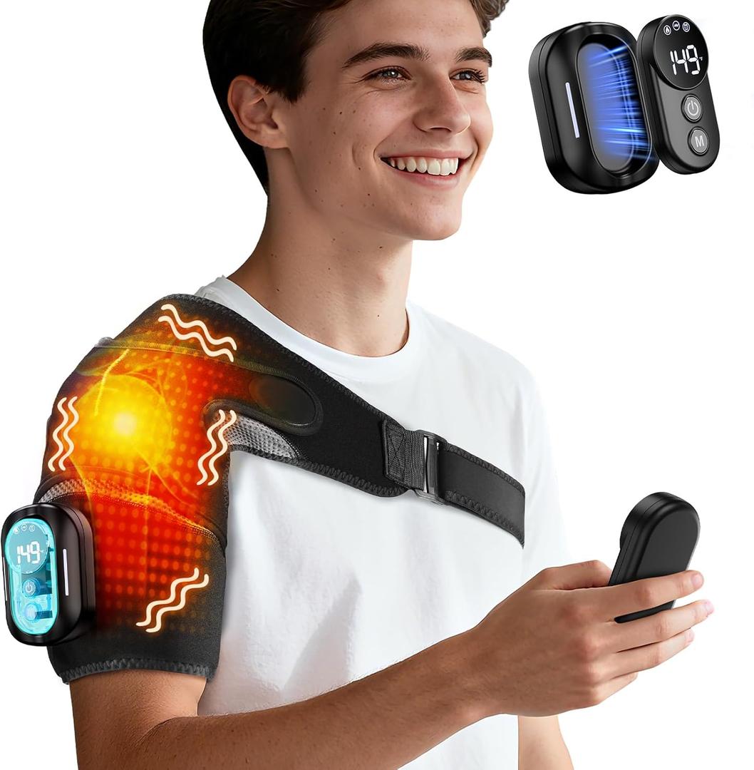 Cordless Shoulder Heating Pad with Massage for Frozen Shoulder Rotator Cuff Pain Relief,5000amh Battery Powered Detachable Controller Heated Massage with 5 Heats &Vibrations