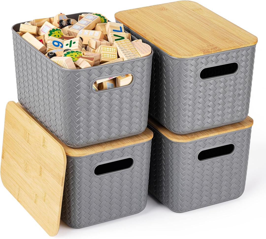 Ohmlove 4 Packs Storage Bins with Bamboo Lids - Plastic Storage Containers with Lids Stackable Storage BoxStorage Baskets for Organizing Desktop Closet Playroom Classroom Office,Gray
