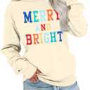 MOUSYA Christmas T-Shirt Women Merry Bright Colorful Letter Printed Sweatshirt Casual Long Sleeve Round Neck Pullover Tops (Beige, L)