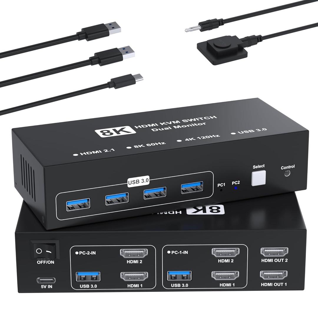 8K@60Hz HDMI KVM Switch 2 Monitors 2 Computers, USB3.0 Dual Monitor KVM Switches with 4 USB 3.0 Ports Sharing Keyboard Mouse Printer, Computer Switch Monitor Switch for 2 Computers with Controller