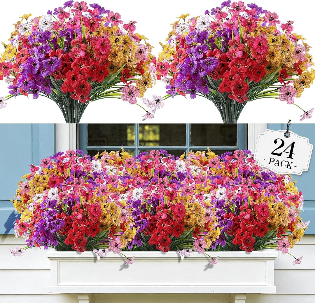 AGIRL 24 Bundles Artificial Flowers for Outdoor,No Fade Fake Plastic Flowers Faux Plants for Decoration Hanging Planters Indoor Outside Garden Porch Window Box Home Wedding Farmhouse (Mix 6 Colors)