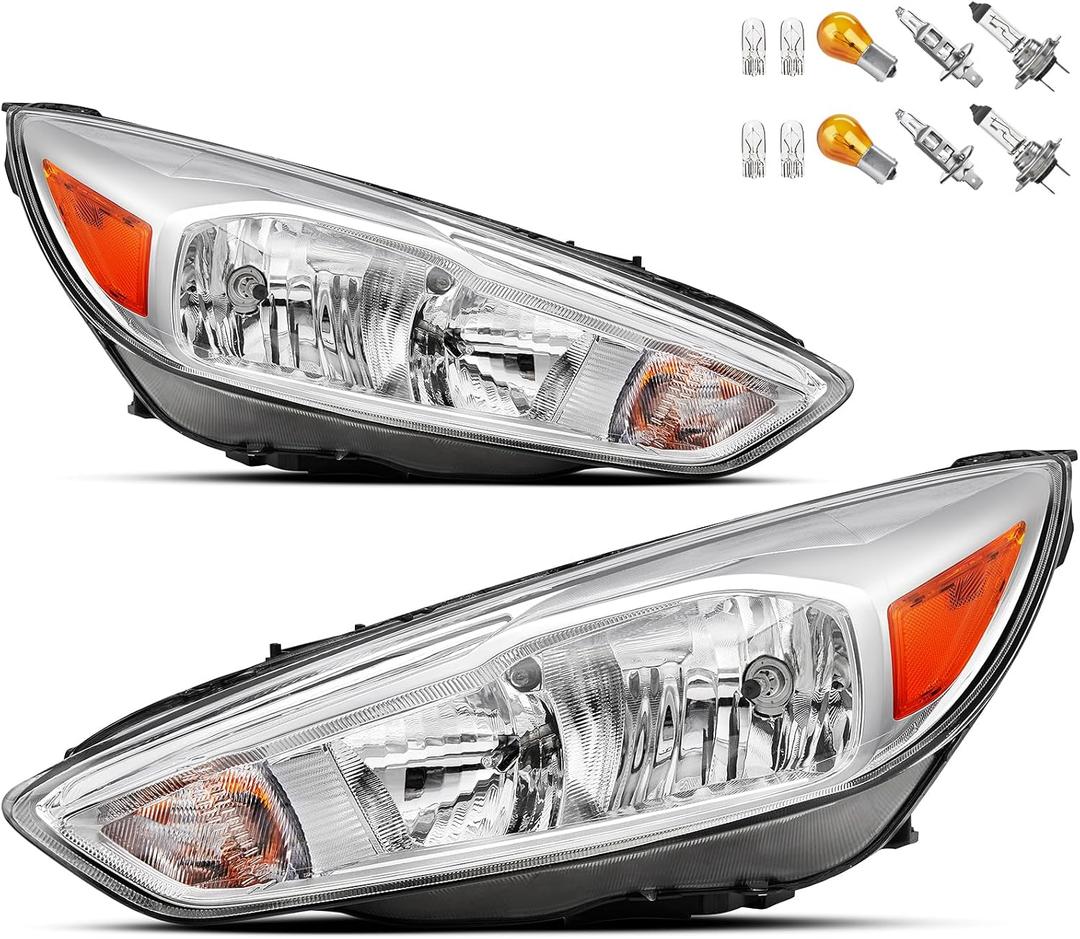 Headlights Assembly Compatible With 2015-2018 Ford Focus Halogen Headlamp,Chrome Housing Amber OE Style, For 2015 2016 2017 2018 ST/SE/S Headlights