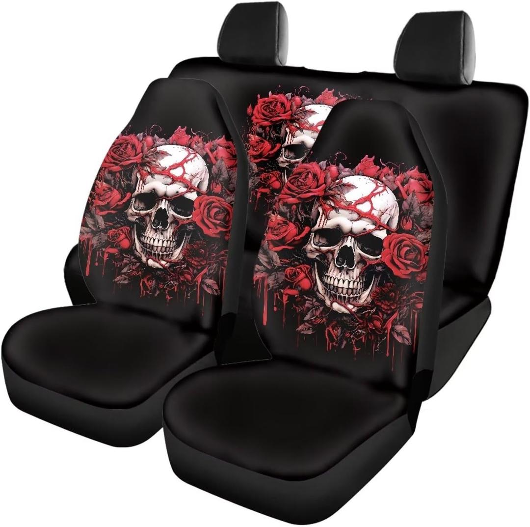 Poceacles Rose Skull Print Car Seat Covers Full Set Cute Car Accessories for Men Lightweight Easy to Clean Breathable Universal Fit SUV Van Truck Rear & Front Seat Cover, Black