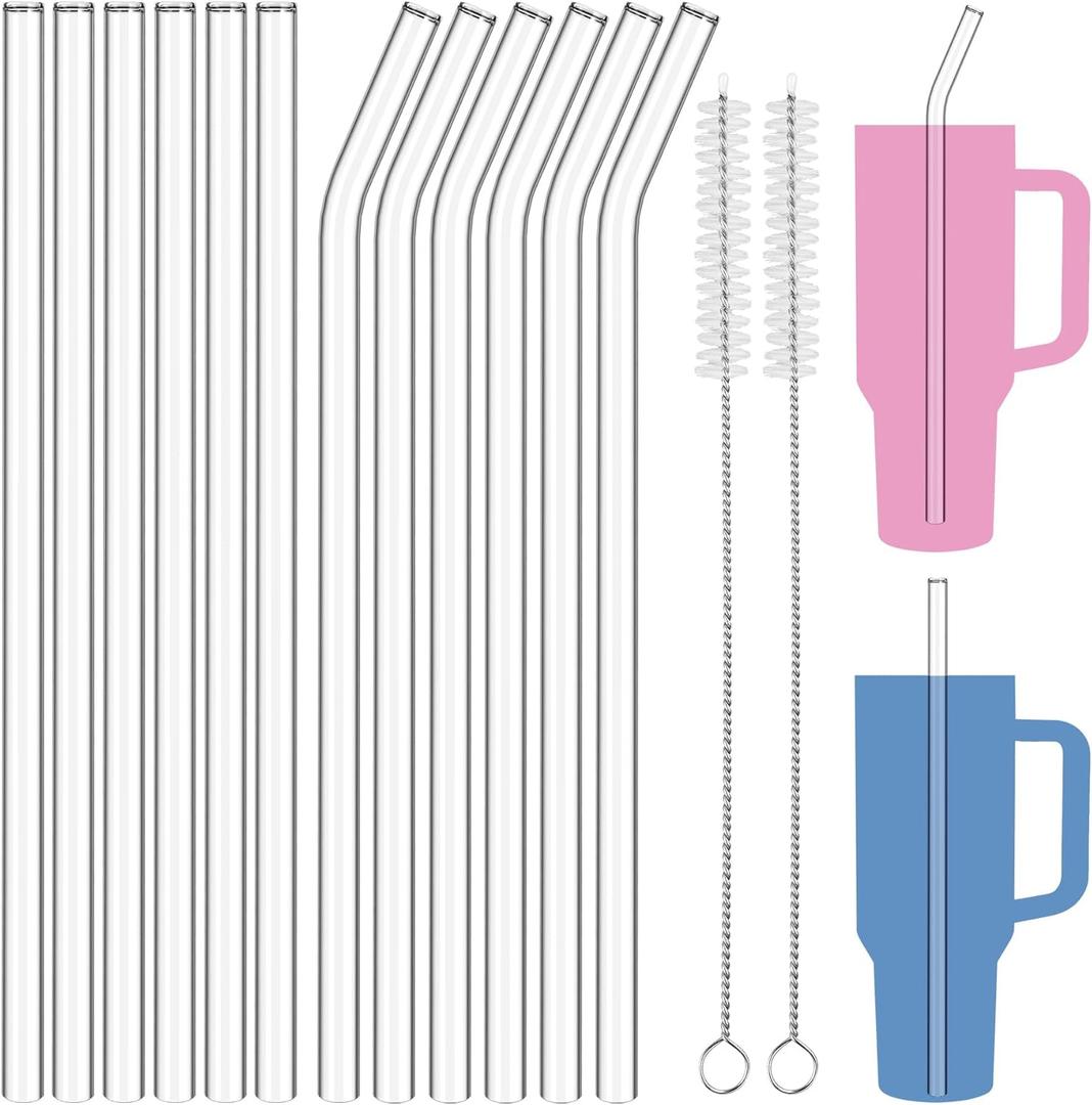 NiHome 12PCS Clear Glass Reusable Straws for Stanley H2.0 40oz Tumbler, 6 Straight + 6 Bent with 2 Brushes, 12 Long 0.4/10mm Diameter, Enhances Drinking Experience Prevents Spills, Dishwasher Safe