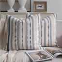 Cethom Blue and Beign Boho Throw Pillow Covers 18x18 Inch Set of 2, Stripe Textured Decorative Couch Pillow Cases for Bed, Sofa, Living Room, Bedroom, Farmhouse Home Accent Cushion Covers