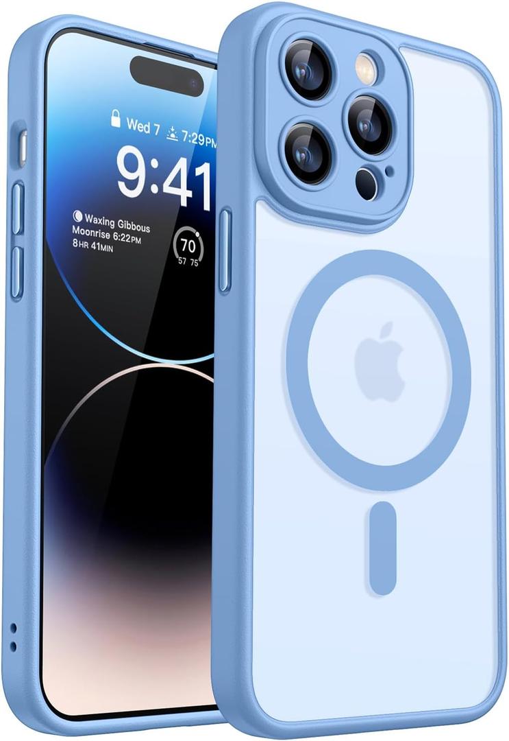CANSHN Magnetic Compatible with iPhone 14 Pro Case, Upgraded [Full Camera Protection] [Compatible with Magsafe] [Translucent Matte] Shockproof Protective Phone Case Cover 6.1 Inch - Light Blue
