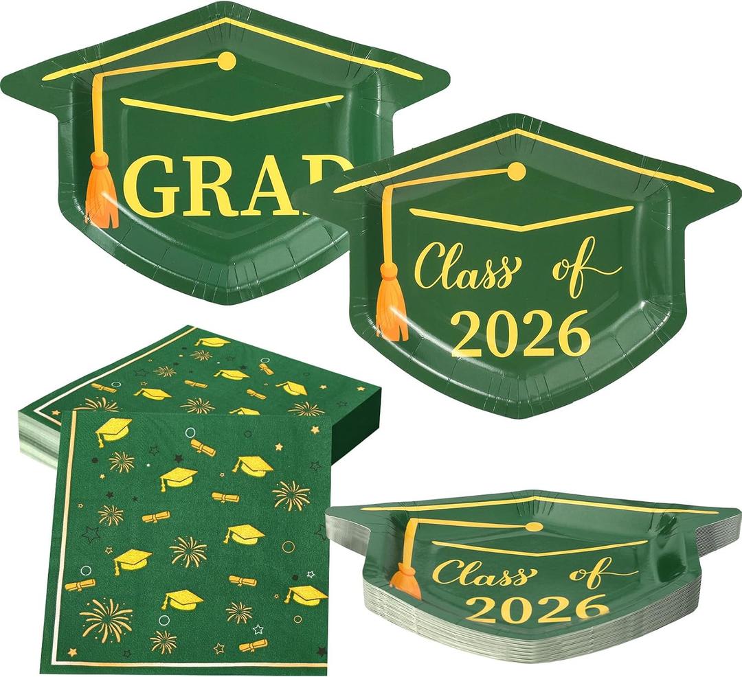 2 x Green Graduation Plates and Napkins 2026, 50 9.3" Mortarboard Shaped Class of 2026 Plates & 50 Grad Napkins - Green and Gold Graduation Decorations 2026
